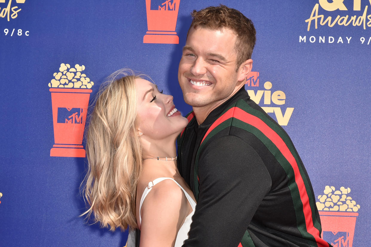 SANTA MONICA, CALIFORNIA - JUNE 15: Cassie Randolph and Colton Underwood attend the 2019 MTV Movie & TV Awards at Barker Hangar on June 15, 2019 in Santa Monica, California. (Photo by David Crotty/Patrick McMullan via Getty Images)