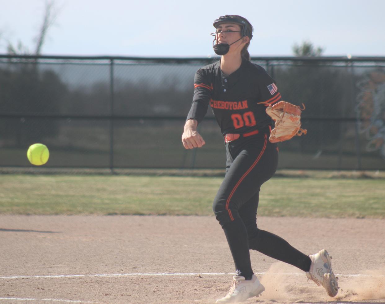 Cheboygan senior Libby VanFleet delivers a pitch during game one of Tuesday's softball doubleheader against Boyne City in Cheboygan.