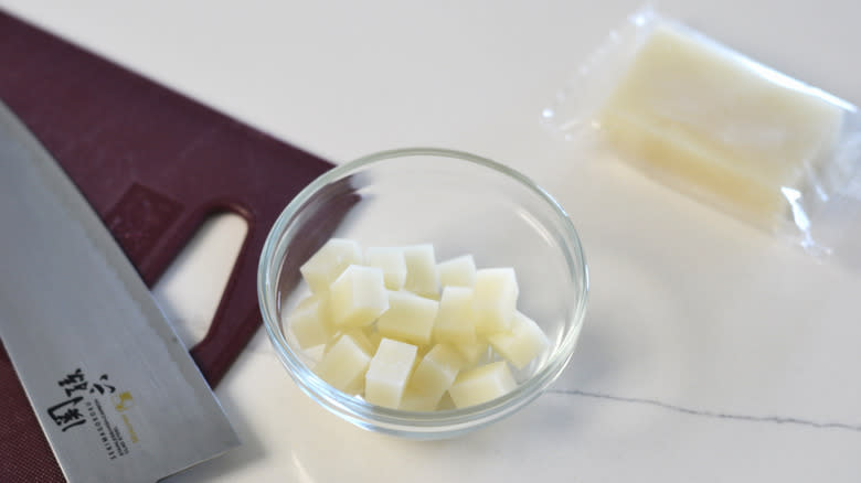 Chunks of kirimochi, cut for takoyaki fillings