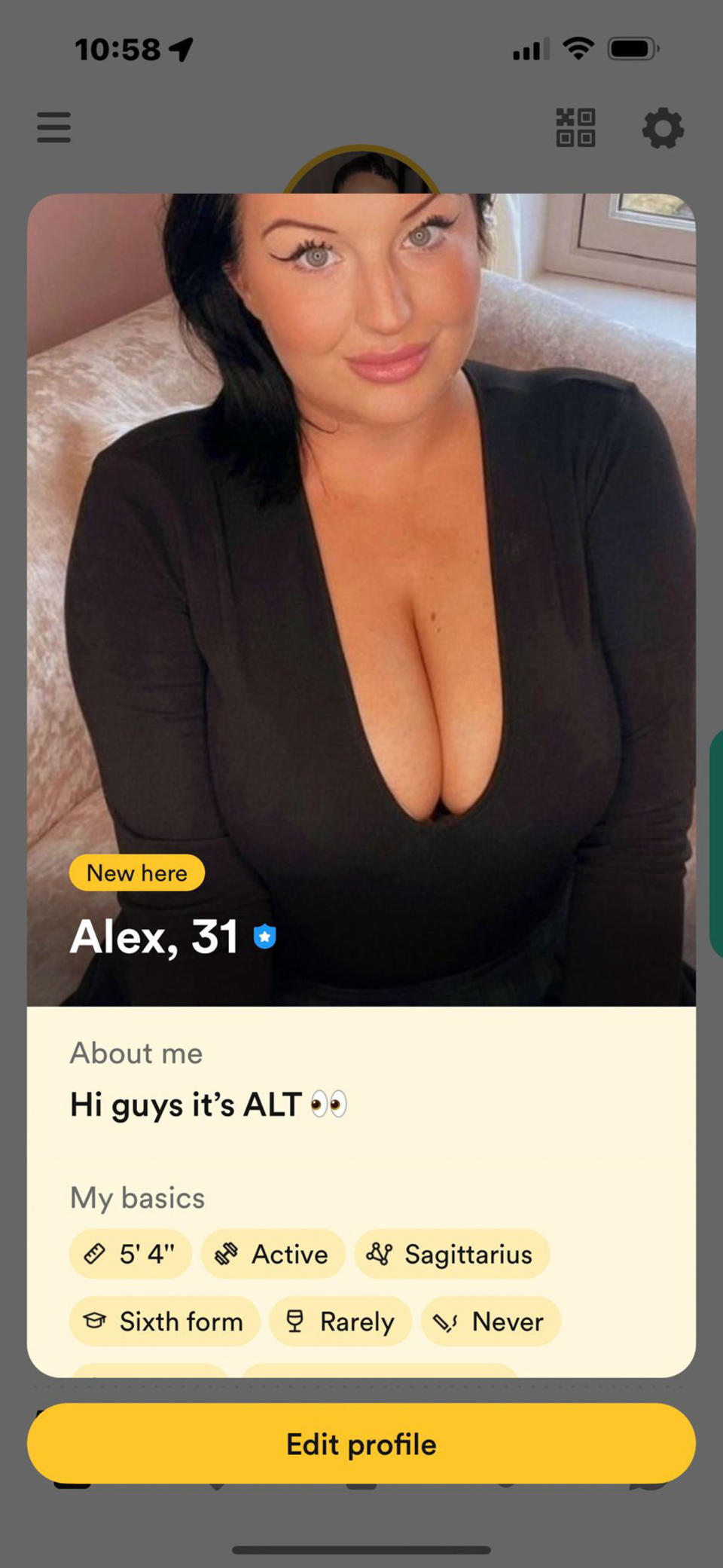 Alex's Bumble profile. She says being on a dating app has made her closer to her husband. (Caters)
