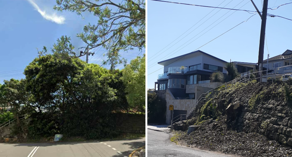 A side by side view of the tree in Freshwater. Left: Before it was cut down and, right, after it was removed.. 