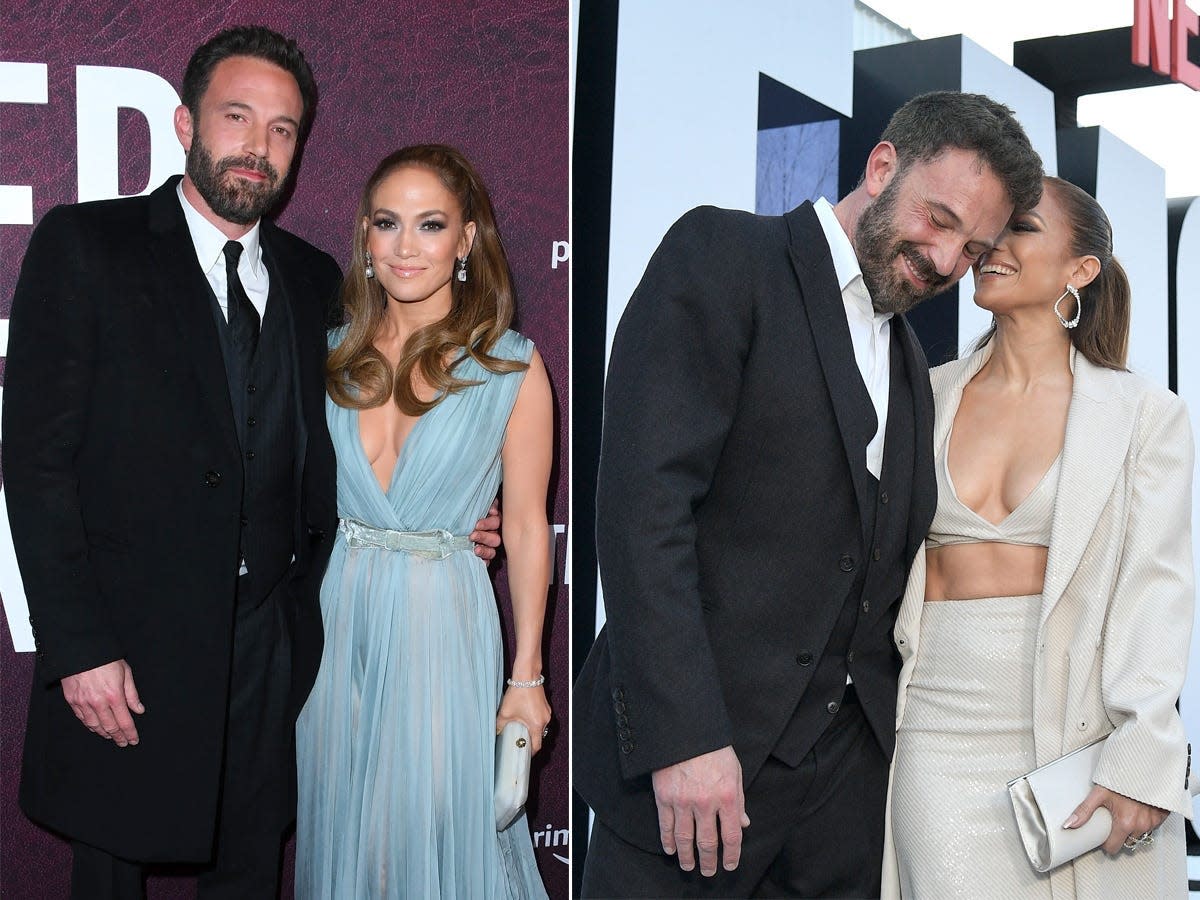 Two photos of Ben Affleck and Jennifer Lopez on red carpets.