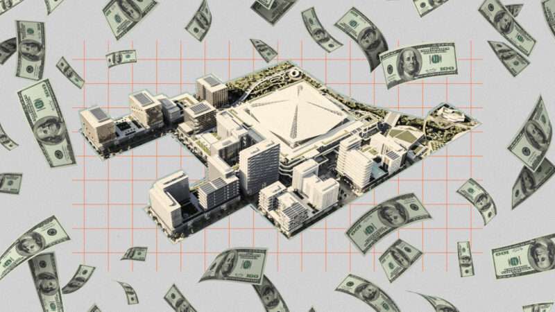 An illustration showing a rendering of proposed Tampa Bay stadium surrounded by $100 bills