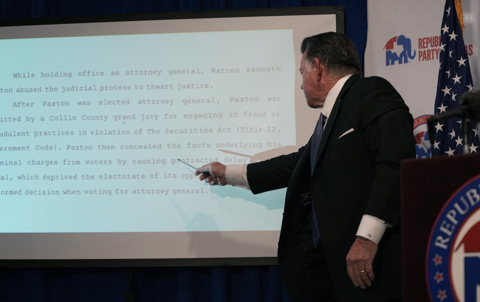 Dan Cordell, attorney for impeached Texas Attorney General Ken Paxton, speaks during a news conference at the Republican Party of Texas headquarters in Austin, Texas, Wednesday, June 7, 2023. (AP Photo/Eric Gay)