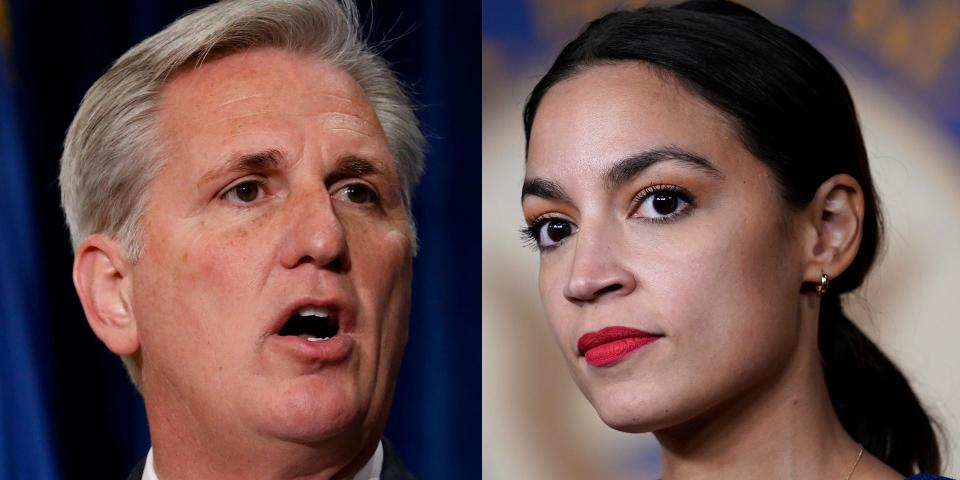 Close up images of Rep. Kevin McCarthy and Rep. Alexandria Ocasio-Cortez side by side.