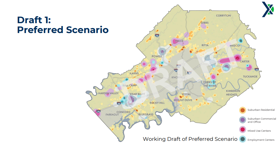 A draft map of the Advance Knox preferred scenario that is based on the input of almost 4,000 Knox Countians. The preferred scenario for how the county grows will be incorporated into a land use plan that will be voted on in May.