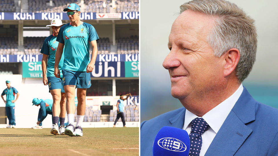 Pictured right is Test great Ian Healy and Australia's players inspecting the Nagpur pitch on the left.