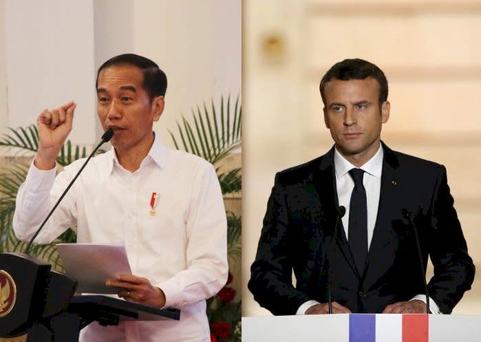 印尼總統佐科威(左)31日「強烈譴責」法國總統馬克宏(右)為「查理週刊」諷刺漫畫辯護的言論。(合成圖/中央社/法新社)