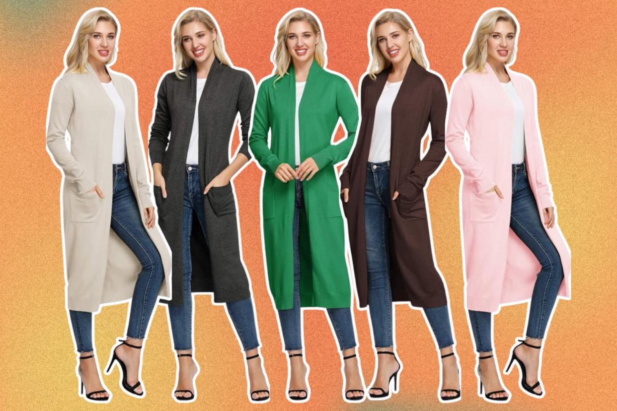 a model wearing the Amazon cardigan in various colours