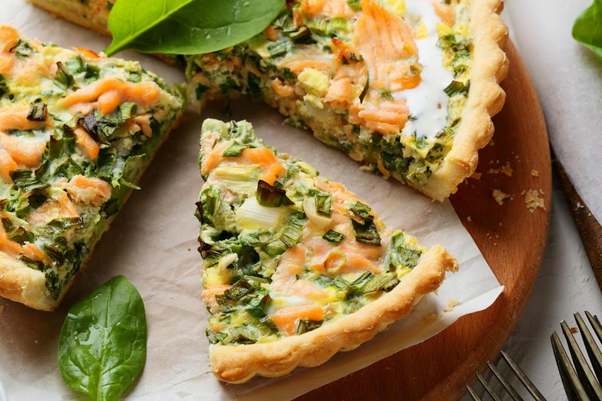 rustic salmon quiche with spinach, food