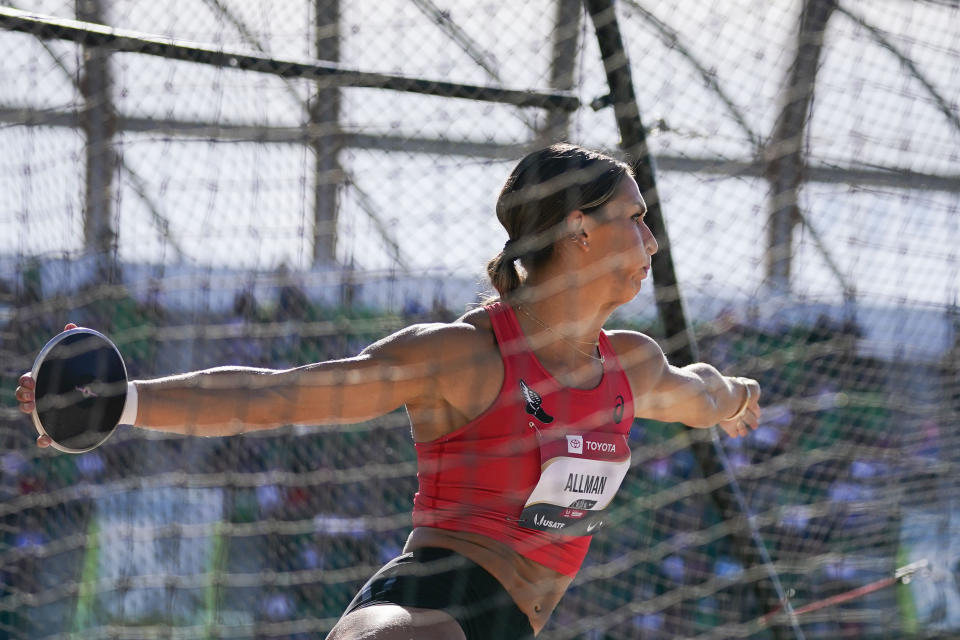 Valarie Allman competes in the women's discus throw during the U.S. track and field championships in Eugene, Ore., Sunday, July 9, 2023. (AP Photo/Ashley Landis)