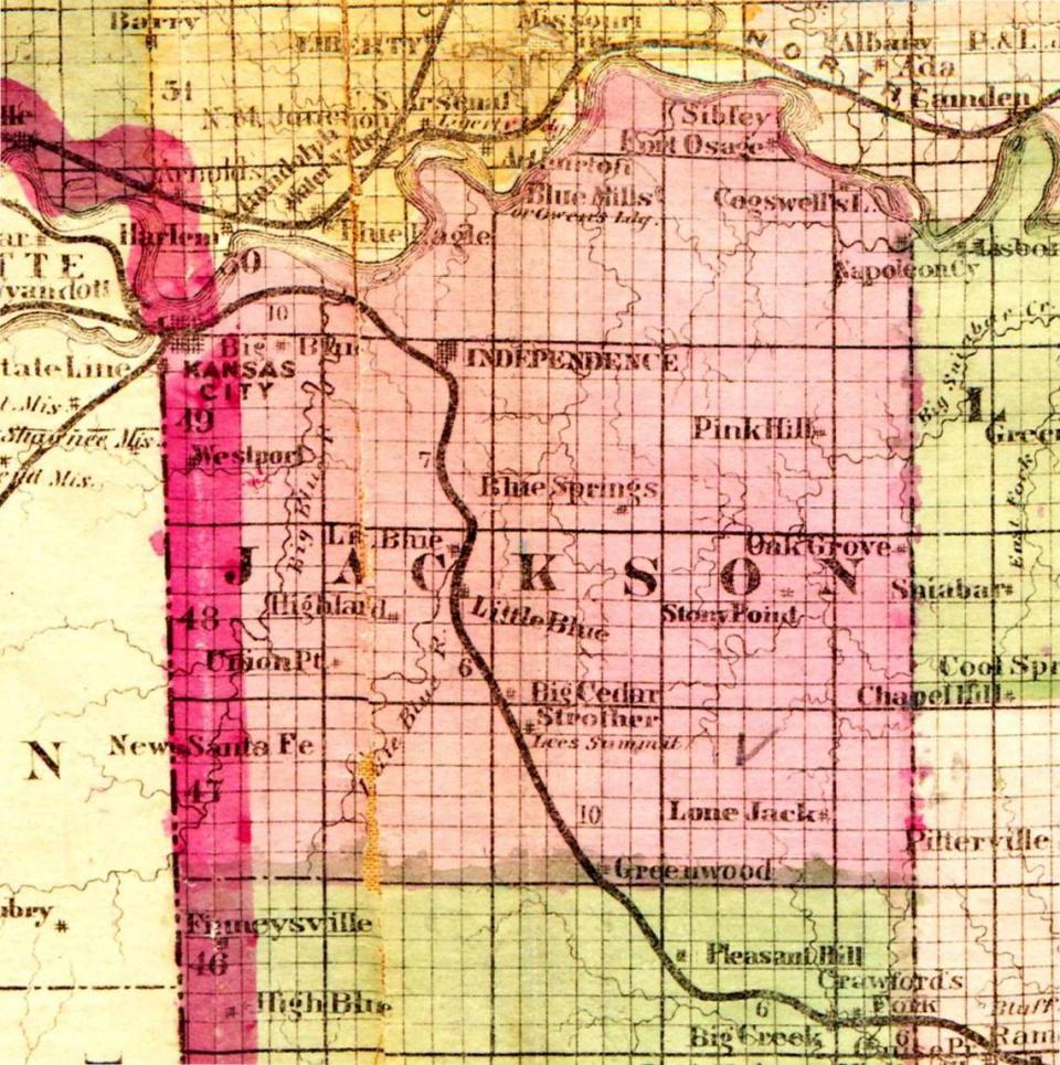 An 1870 map of Jackson County showing Big Cedar, Strother, and Lee’s Summit