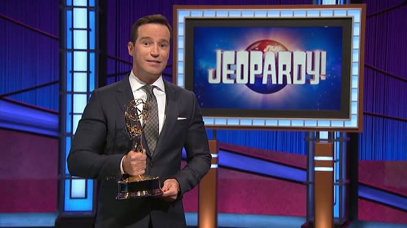 Mike Richards accepts the award for Outstanding Game Show for Jeopardy! during the 48th Annual Daytime Emmy Awards broadcast on June 25, 2021.