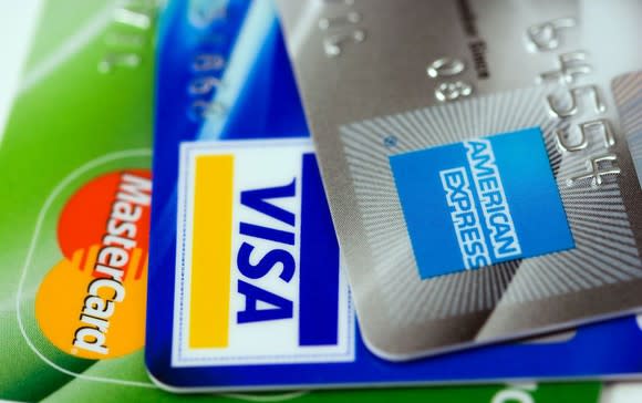 Several colorful credit cards, fanned out.