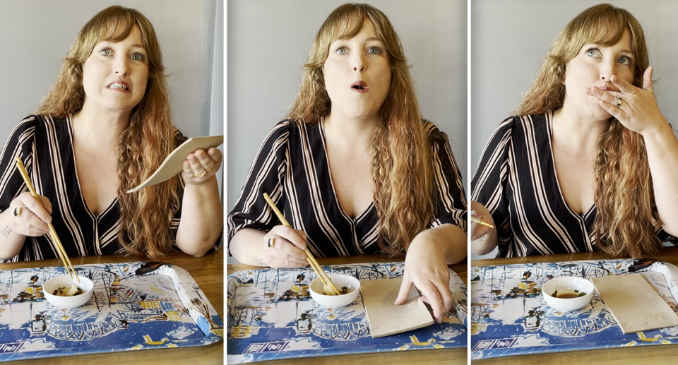 Three images of Brianne Tolj trying a wonton.