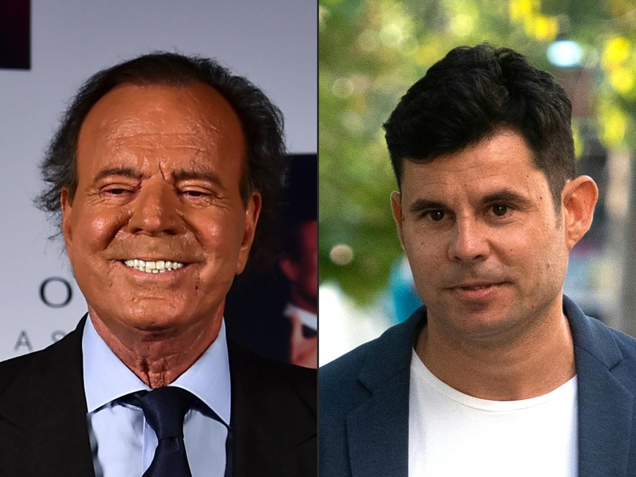 (COMBO) This combination of pictures created on July 10, 2019 shows a file photo taken on September 23, 2015 of Spanish singer Julio Iglesias in Mexico city and a file photo taken on July 04, 2019 of Javier Sanchez Santos in Valencia. - A Spanish court ruled on July 10, 2019 that Grammy award-winning singer Julio Iglesias is the biological father of a 43-year-old Javier Sanchez Santos. The judge in the case refused to admit DNA evidence obtained surreptitiously by a private detective working for the claimant and his lawyer. But he ruled that the man's mother had provided credible details of her affair with the singer and also cited the physical resemblance between the two men. (Photos by Ronaldo SCHEMIDT and JOSE JORDAN / AFP) (Photo by RONALDO SCHEMIDT,JOSE JORDAN/AFP via Getty Images)