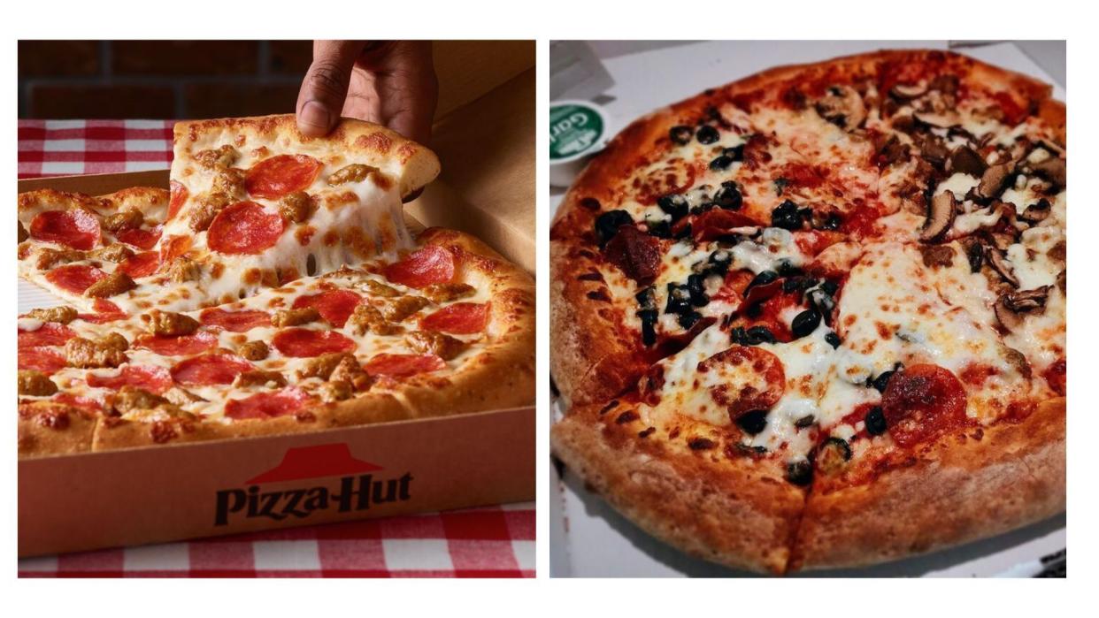 Two Side-By-Side Images of Pizzas From Pizza Hut and Papa John’s