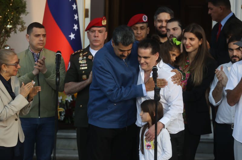 Venezuela's President Nicolas Maduro (C) receives Colombian businessman Alex Saab at the Miraflores presidential palace in Caracas, Venezuela, on Wednesday. Photo by Miguel Gutierrez/EPA-EFE