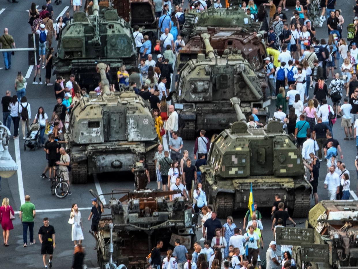 An exhibition of destroyed Russian military vehicles in Khreshchatyk (REUTERS)