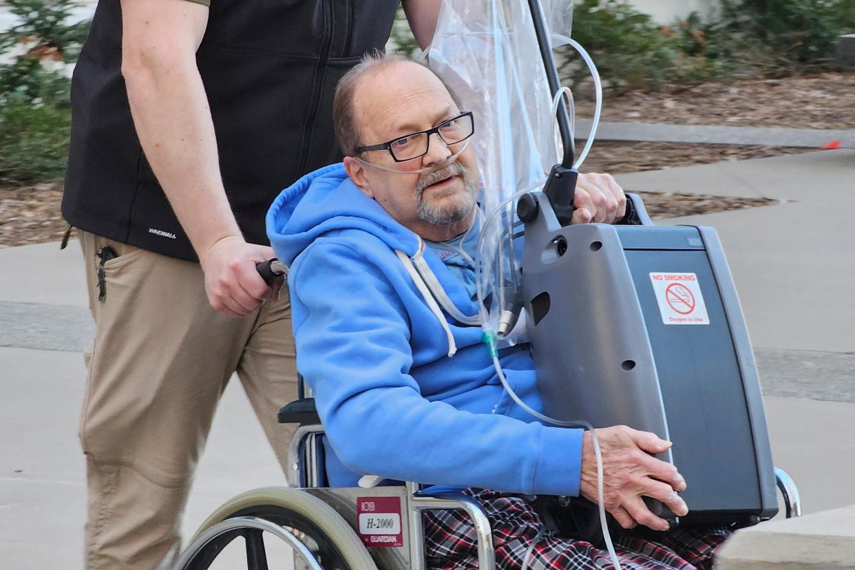 Jerry Hal Saliterman, of Crystal, Minn., is wheeled out of U.S. District Court in St. Paul, Minn., Friday, March 15, 2024, after he made his initial appearance on charges connected to the 2005 theft of a pair of ruby slippers worn by Dorothy in “The Wizard of Oz.”