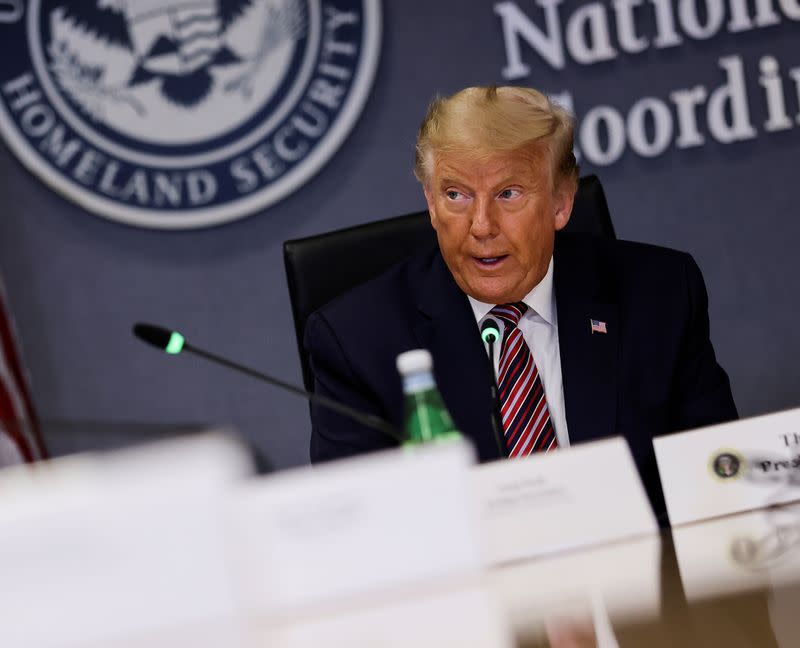 U.S. President Trump attends briefing on Hurricane Laura at FEMA headquarters in Washington