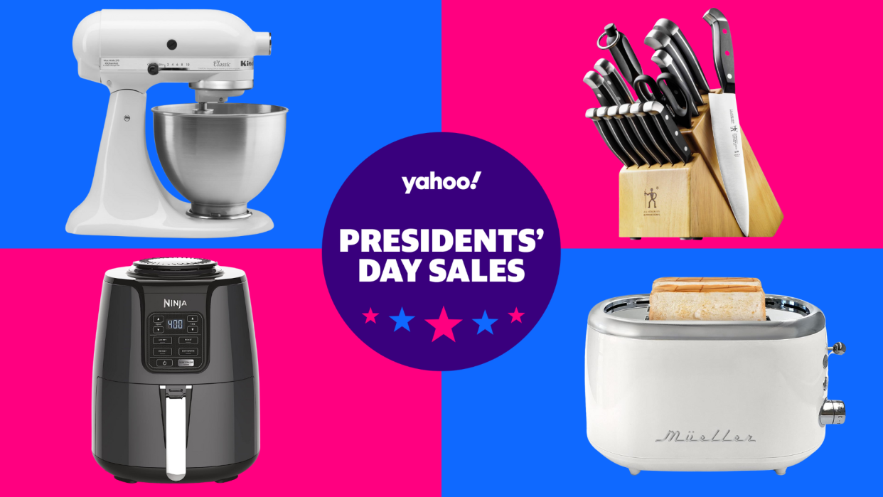Text: Yahoo! Presidents' Day Sales / KitchenAid stand mixer / Henckels knife set / Ninja air fryer / Mueller toaster