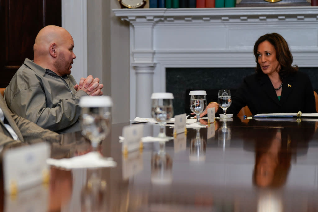 U.S. musician Fat Joe speaks with US Vice President Kamala Harris during a roundtable conversation about marijuana reform and criminal justice reform, in the Roosevelt Room of the White House on March 15, 2024 in Washington, D.C. (Photo by Kent Nishimura / AFP) (Photo by KENT NISHIMURA/AFP via Getty Images)