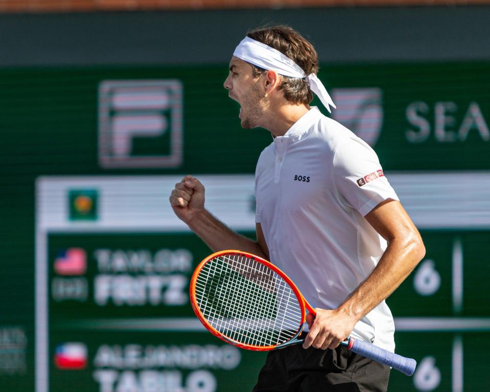 Taylor Fritz (USA) celebrates with a fist pump after winning the first set against Alejandro Tabilo (CHI) at the BNP Paribas Open in Indian Wells Tennis Garden, California, on March 9, 2024.