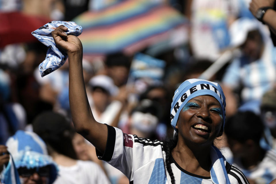 Argentina soccer fans watch their team's World Cup semifinal match against Croatia, hosted by Qatar, on a screen set up in the Palermo neighborhood of Buenos Aires, Argentina, Tuesday, Dec.13, 2022. (AP Photo/Rodrigo Abd)