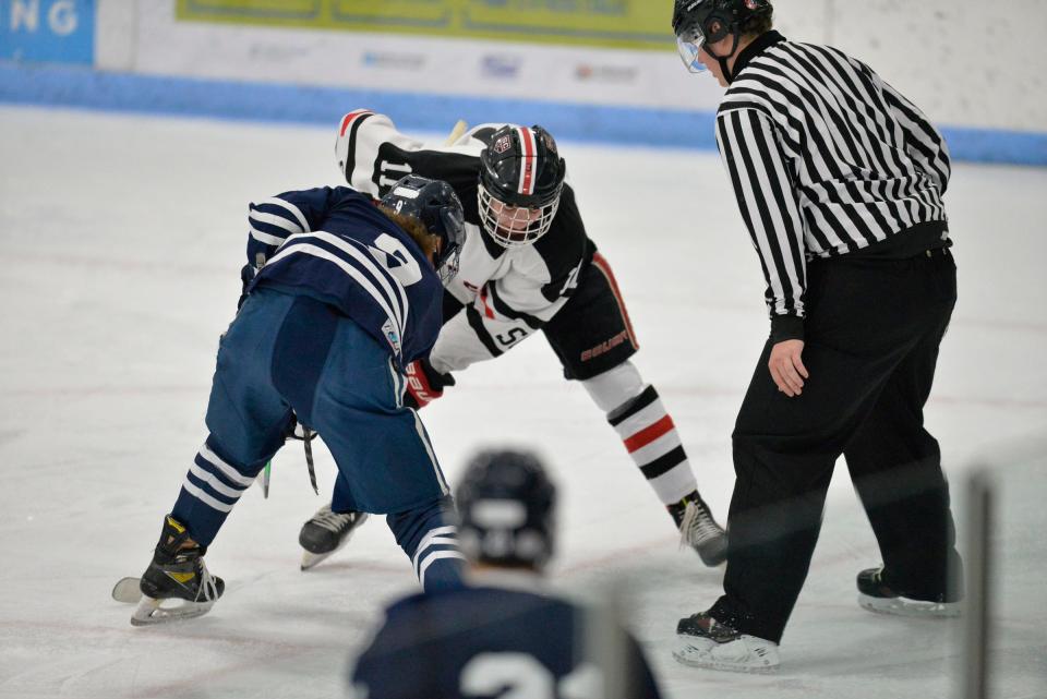 St. Cloud's Andrew Cumming gets ready for the face off against Bemidji at the MAC on Saturday, Nov. 27, 2021. 