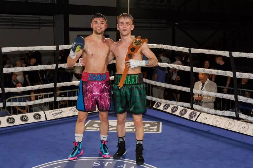 Andy Tham and George Stewart after their Celtic Featherweight title fight in May 2024.