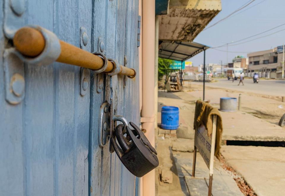 A shop is locked during Bharat Bandh, a protest against the farm bills passed in Parliament recently, in Kurali, Friday, Sept. 25, 2020. (PTI Photo)