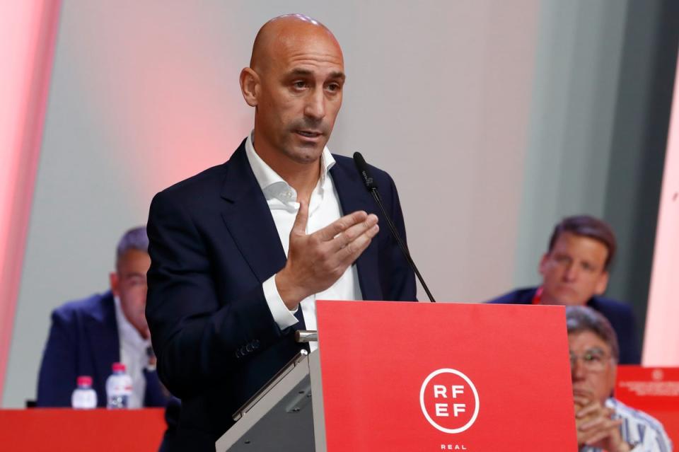 The president of the Spanish soccer federation Luis Rubiales speaks during an emergency general assembly meeting last month (AP)