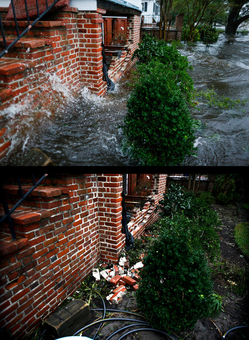 En esta combinación de fotos se puede ver el nivel del agua antes de la llegada de la tormenta a New Bern, North Carolina el 14 de septiembre, y después del azote el día 16. REUTERS/Eduardo Munoz