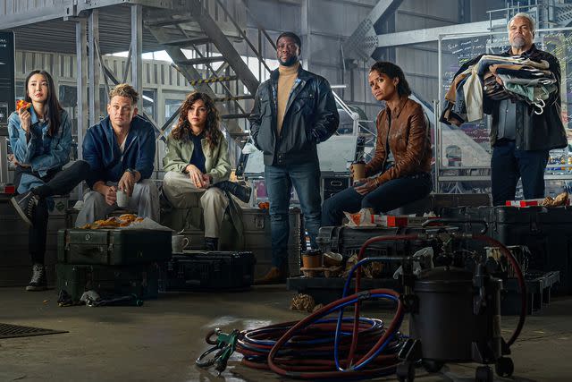 <p>Christopher Barr/Netflix </p> From left: Yun Jee Kim, Billy Magnussen, Ursula Corbero, Kevin Hart, Gugu Mbatha-Raw and Vincent D'Onofrio in "Lift"