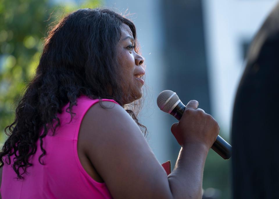 Jeannine Lee Lake, candidate for U.S. Congress, speaks during the Reproductive Justice Rally, Wednesday, June 29, 2022 on the IUPUI campus.