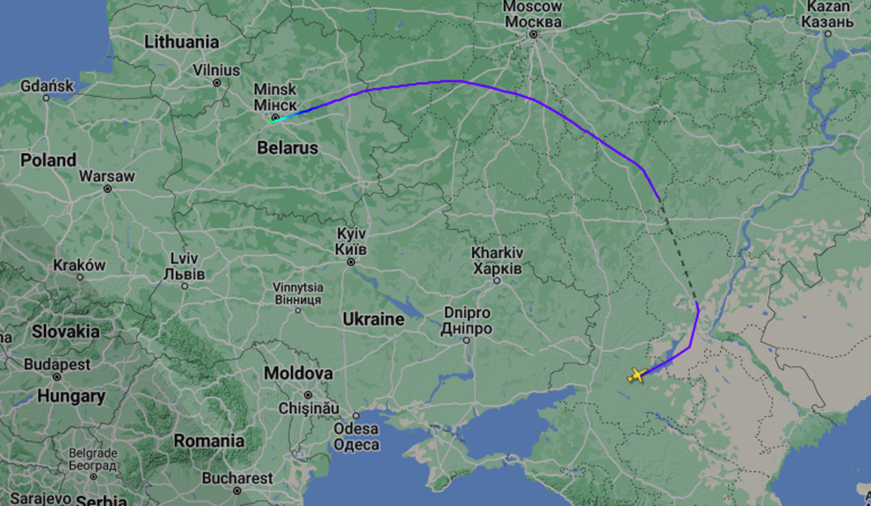 A map showing the route of an Embraer Legacy 600 private jet from southern Russia to Belarus on Tuesday.  (FlightRadar24)