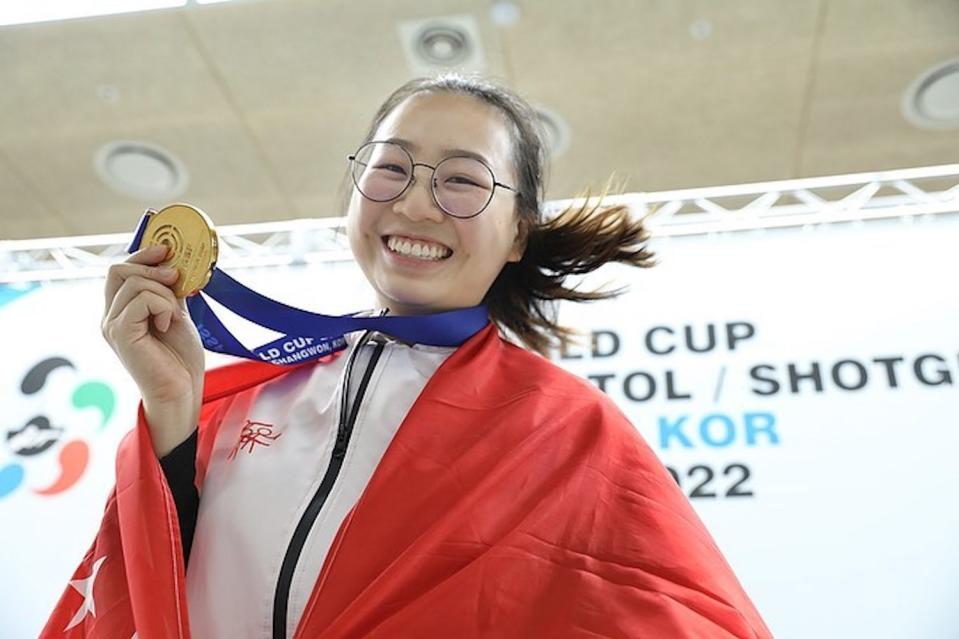 Singapore national shooter Teh Xiu Hong with her gold medal in the women's 25m pistol competition at the ISSF World Cup in Changwon, South Korea. (PHOTO: ISSF)