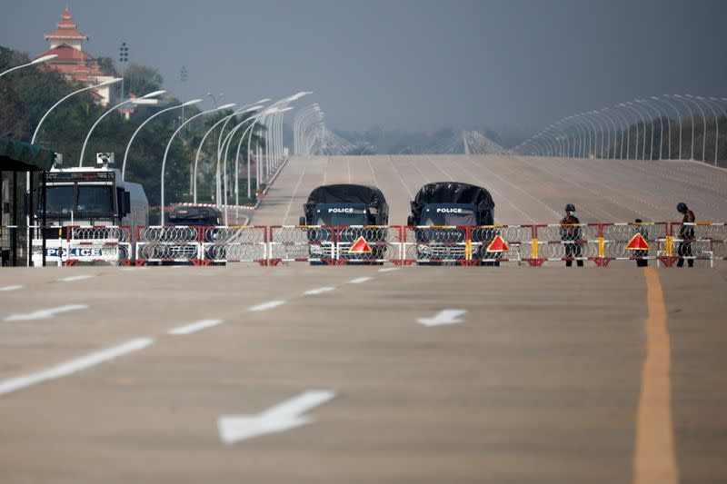 Myanmar's police checkpoint is seen on the way to the congress compound in Naypyitaw