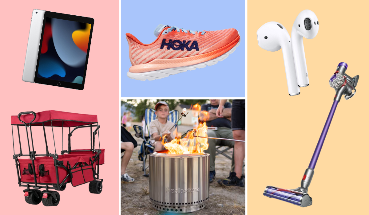 iPad, collapsible garden wagon, Hoka Mach 5 sneakers, family gathered around Solo Stove fire pit, AirPods, Dyson stick vacuum