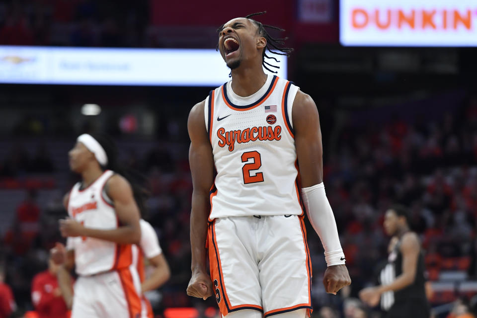 Syracuse guard J.J. Starling (2) reacts during the first half of the team's NCAA college basketball game against Louisville in Syracuse, N.Y., Wednesday, Feb. 7, 2024. (AP Photo/Adrian Kraus)