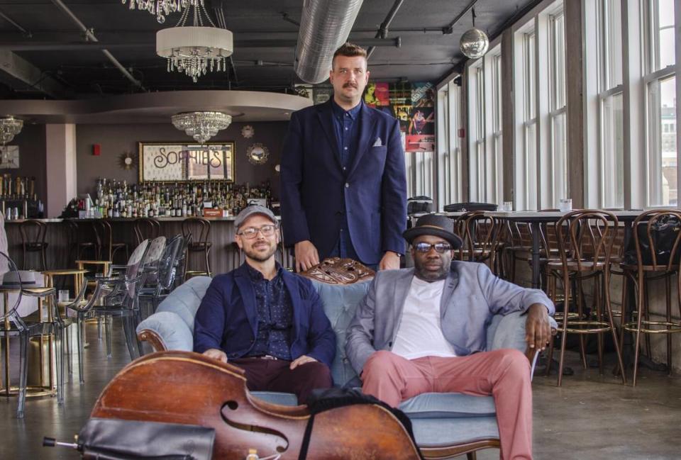 Bob DeBoo (at left) and Adam Maness (center), the two other members of the Adam Maness Trio, frequently collaborated with Montez Coleman (at right).