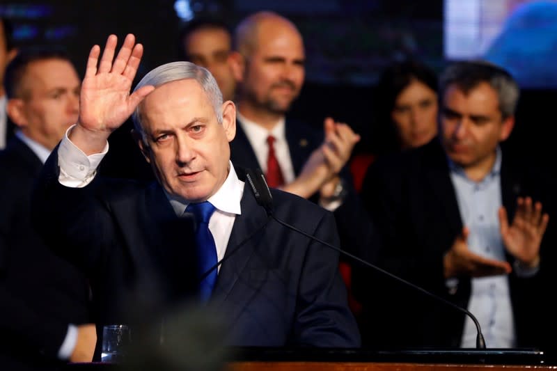 FILE PHOTO:Israeli Prime Minister Benjamin Netanyahu addresses members of his right-wing party bloc at a conference in Tel Aviv