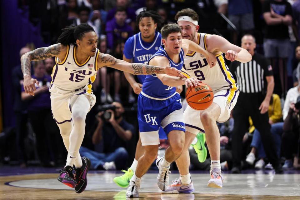 Kentucky guard Reed Sheppard (15) steals the ball from LSU forward Tyrell Ward (15) during Wednesday’s game at the Pete Maravich Assembly Center in Baton Rouge, Louisiana.