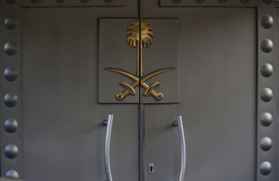 The entrance to the Saudi Arabia consulate in Istanbul, Monday, Oct. 8, 2018. Turkey has summoned the Saudi ambassador to request the kingdom's "full cooperation" in an investigation into the disappearance of journalist Jamal Khashoggi, who Turkish officials say was killed while visiting the Saudi Consulate in Istanbul. The 59-year-old Khashoggi went missing last Tuesday while visiting the consulate for paperwork to marry his Turkish fiancee. (AP Photo/Lefteris Pitarakis)