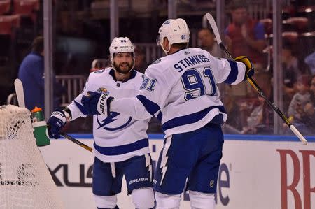 Oct 30, 2017; Sunrise, FL, USA; Tampa Bay Lightning right wing Nikita Kucherov (86) celebrates his goal with center Steven Stamkos (91) against the Florida Panthers during the first period at BB&T Center. Mandatory Credit: Jasen Vinlove-USA TODAY Sports