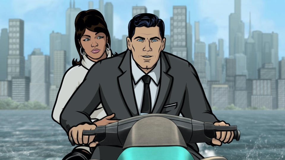 Archer and Lana on motorcycle in Archer