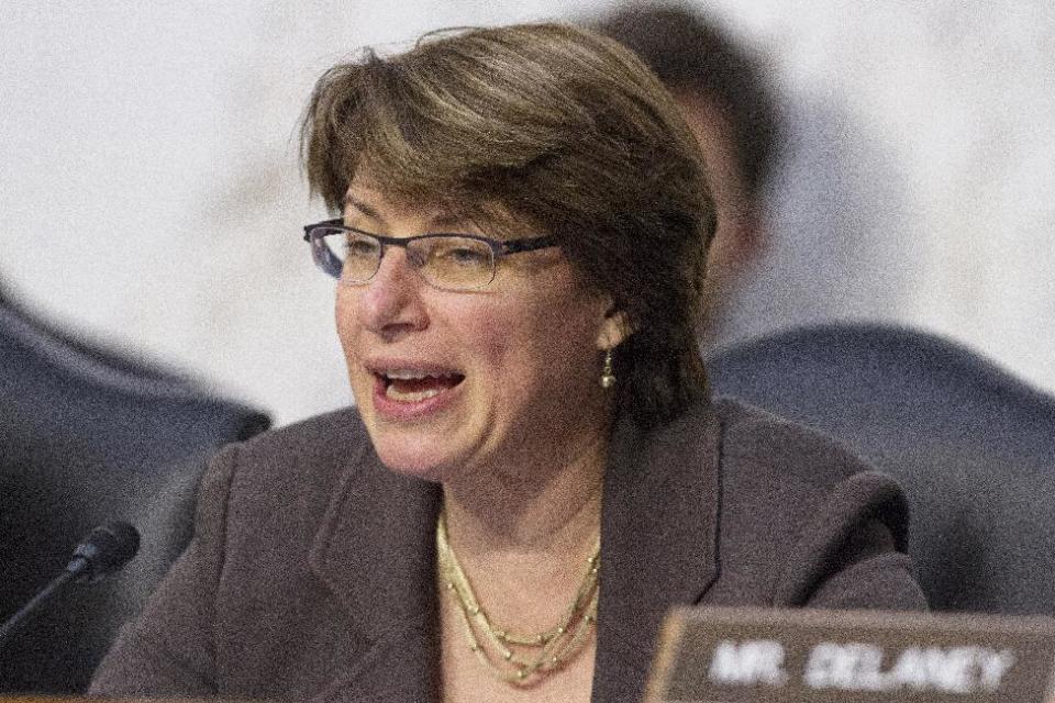 FILE - In this Nov. 13, 2013 file photo, Sen. Amy Klobuchar, vice chair of the Congressional Joint Economic Committee, speaks on Capitol Hill in Washington. The Senate’s record-setting 20 women, emboldened by their recent political and legislative successes, are determined to swell their ranks this November. They’re providing campaign and fundraising help to the Republican and Democratic female candidates from West Virginia, Kentucky, Georgia and Oregon looking to smash a few glass ceilings, and hopefuls from Michigan and Hawaii eyeing an all-female Senate lineup. (AP Photo/Jacquelyn Martin, File)