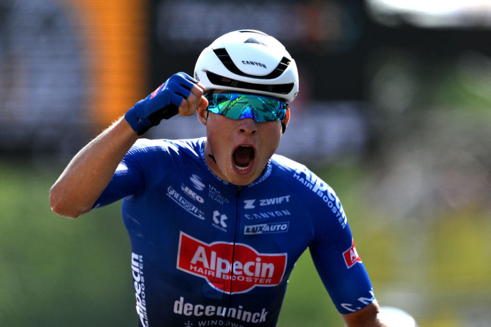BAYONNE FRANCE  JULY 03 Jasper Philipsen of Belgium and Team AlpecinDeceuninck celebrates at finish line as stage winner during the stage three of the 110th Tour de France 2023 a 1935km stage from AmorebietaEtxano to Bayonne  UCIWT  on July 03 2023 in Bayonne France Photo by David RamosGetty Images