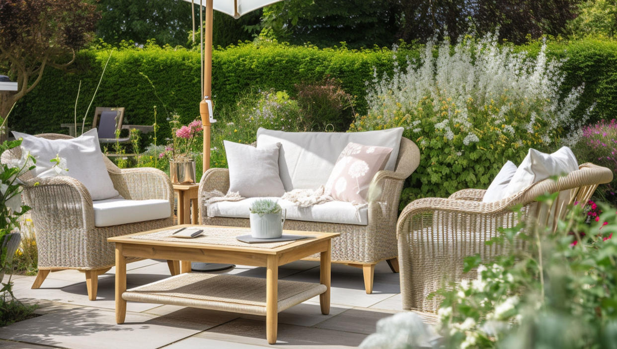  Patio in the sunshine with chairs and plants arranged on it. 